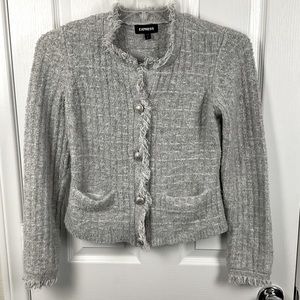 Express Women's Light Gray Boucle Knit Button Down Fringe Cardigan Jacket Size S